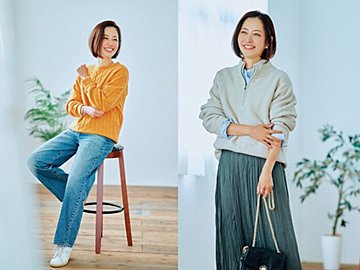 〈40代のユニクロ〉メンズのハーフジップセーター＆ブルーのワイドストレートジーンズ